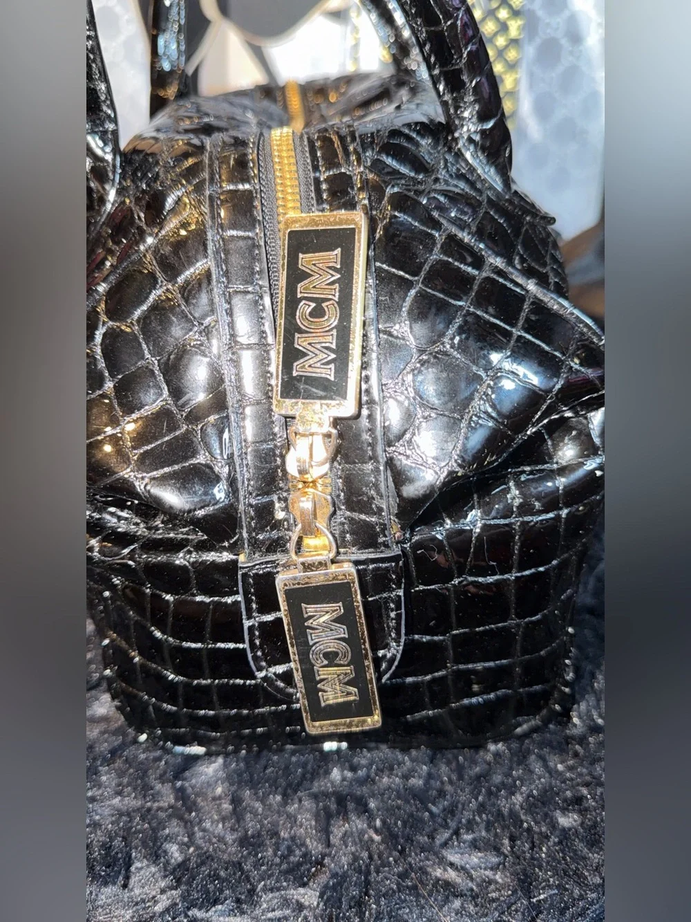 MCM Black Croc-Embossed Leather Satchel with Gold Logo Plaque